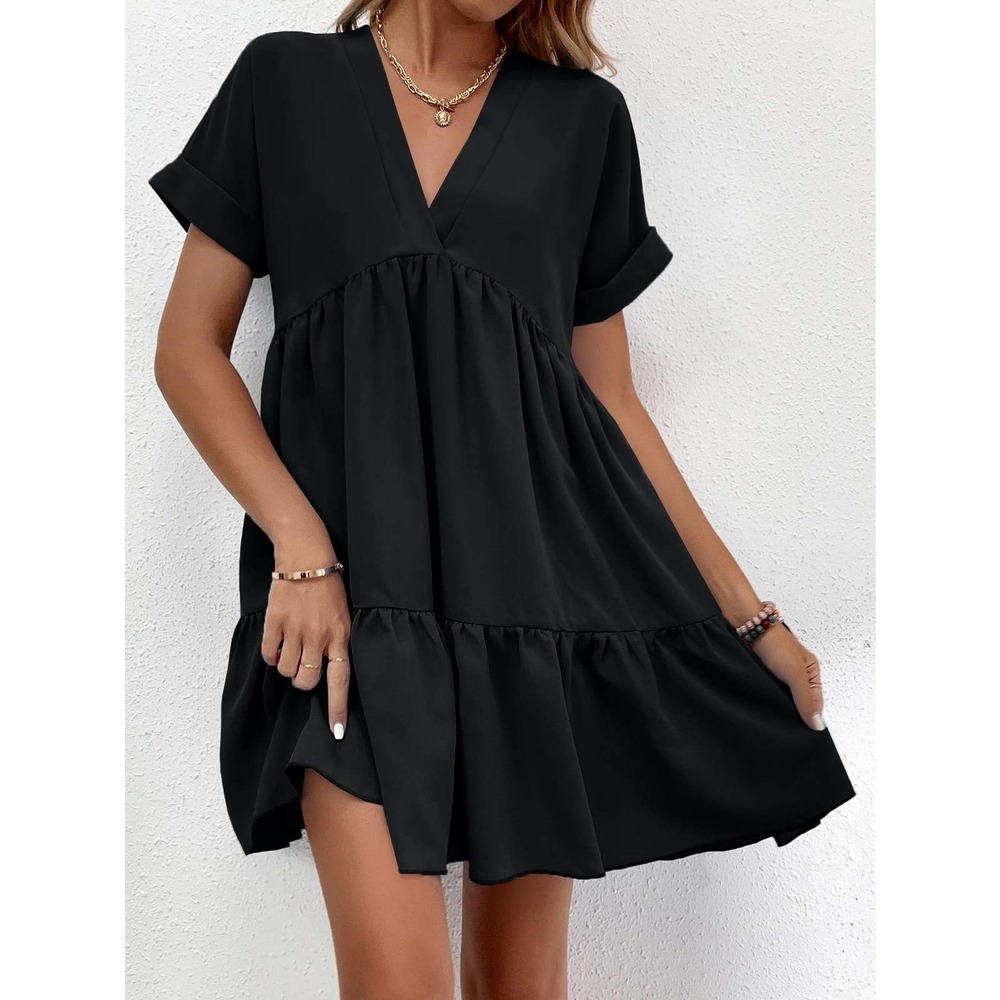 Roll Cuff short sleeve Ruffle Hem mini Dress black